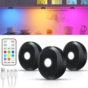 RGB under Cabinet Lights,Rechargeable Puck Lights with Remote Control, Wireless